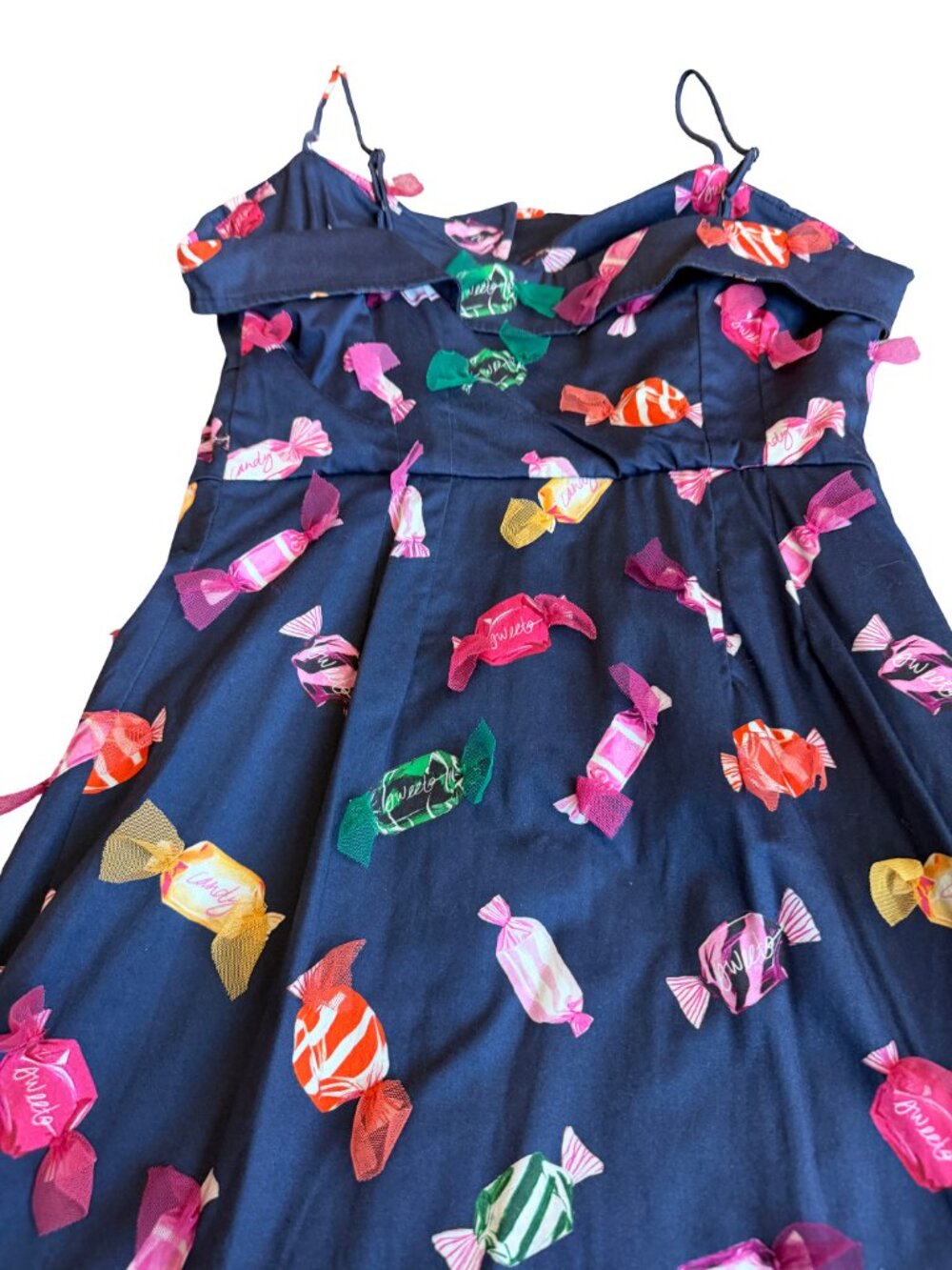 Maeve Navy Candy Print Ruffle Button Front Dress Stretchy Size 8 Women's - Picture 8 of 13